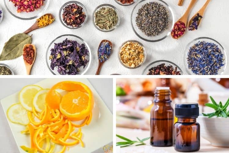 what to put in water when steaming your face - collage showing herbs, orange peel and essential oils