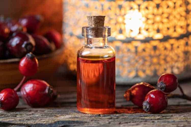 bottle of rosehip oil and fruit
